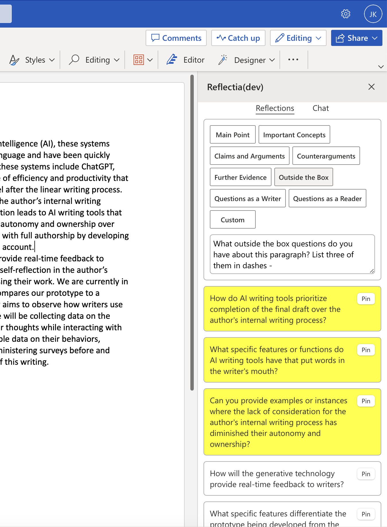 Textfocals UI showing AI-generated views in sidebar